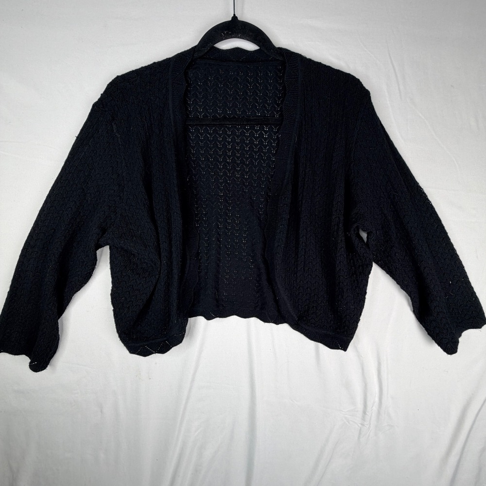 Jokelamb Cardigan XL Black Pointelle Knit Cropped Bolero Merino Wool Blend